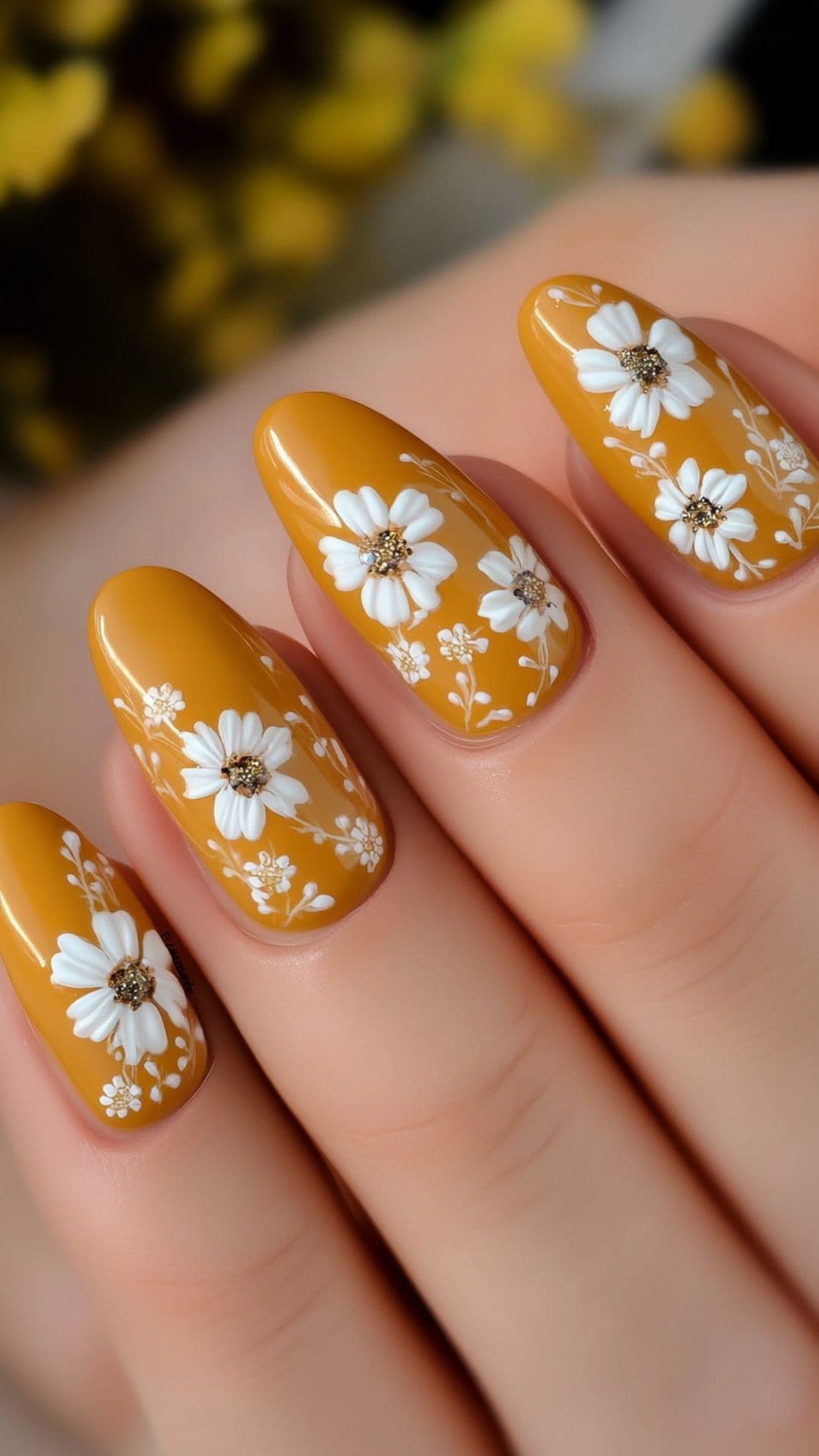 Woman's nails in Mustard with White Floral Accents design.