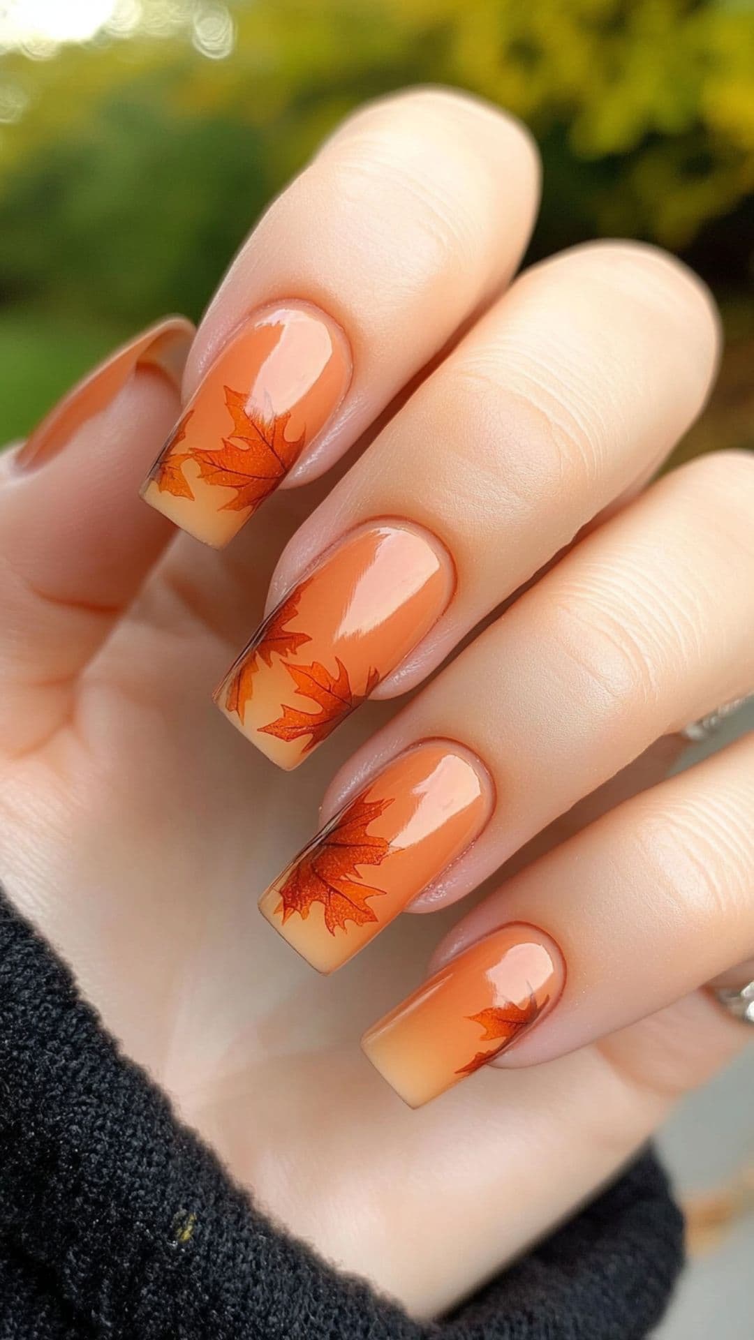 Woman's nails modelling Ombre Fall Leaves design.