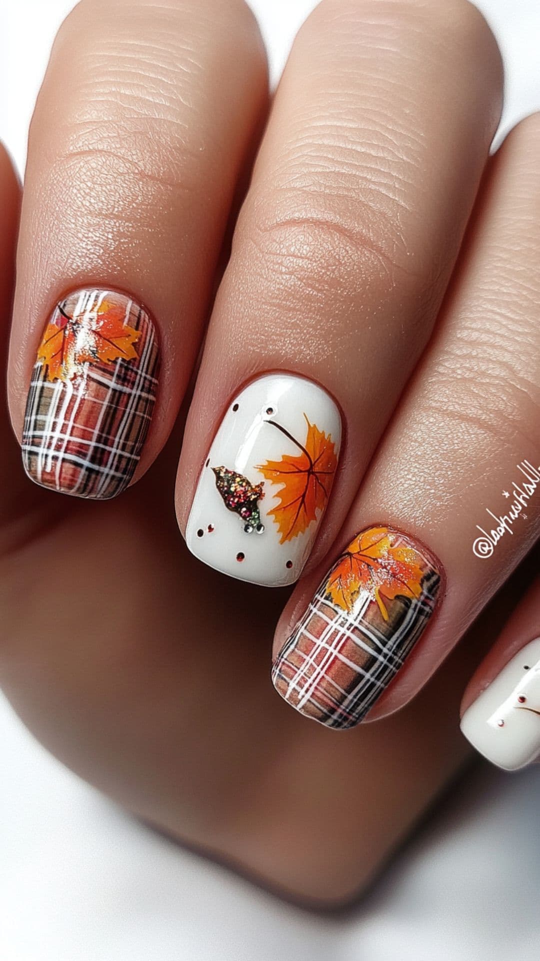 Woman's nails modelling Plaid and Fall Leaves Combo design.