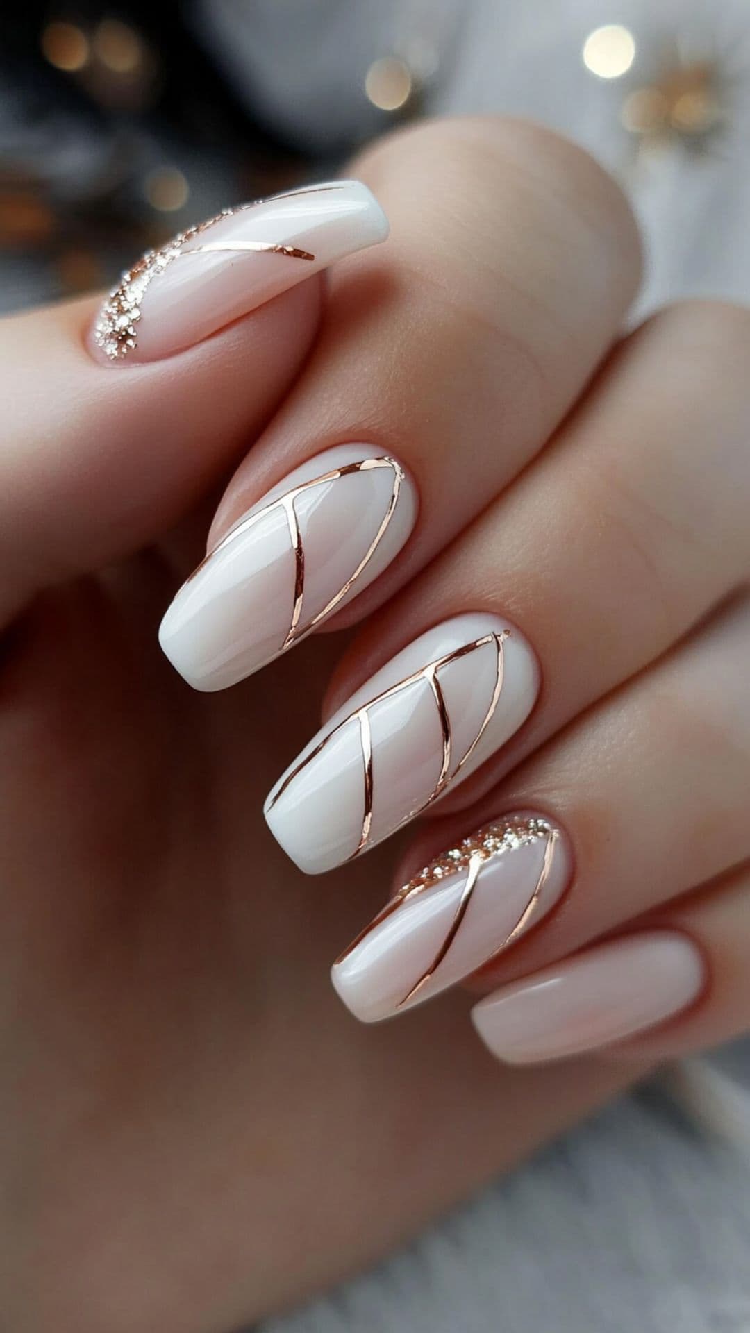 Woman's nails with Simple Nude with Copper Lines design.