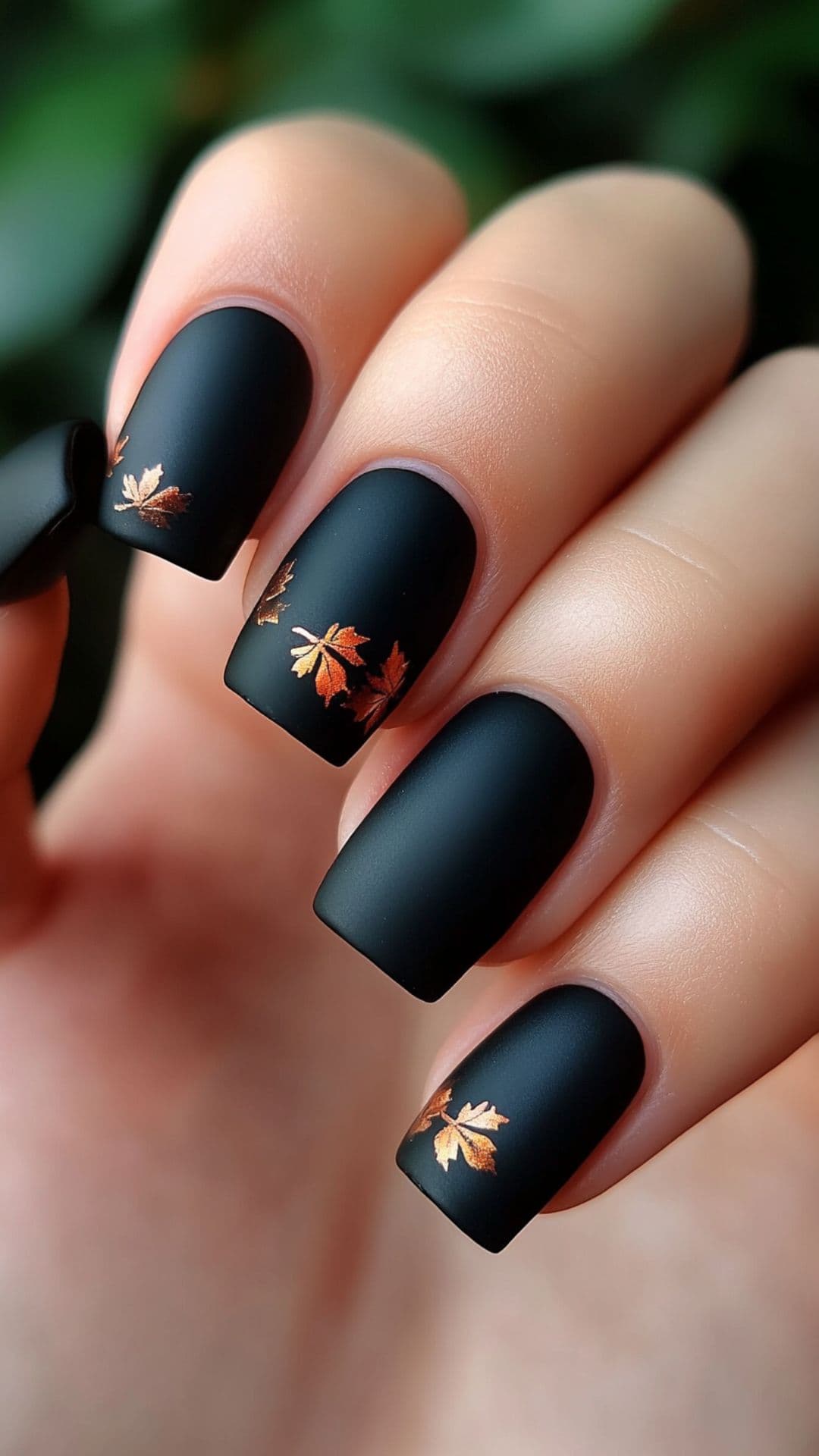 Woman's nails modelling Tiny Bronze Leaves Accent on Black design.