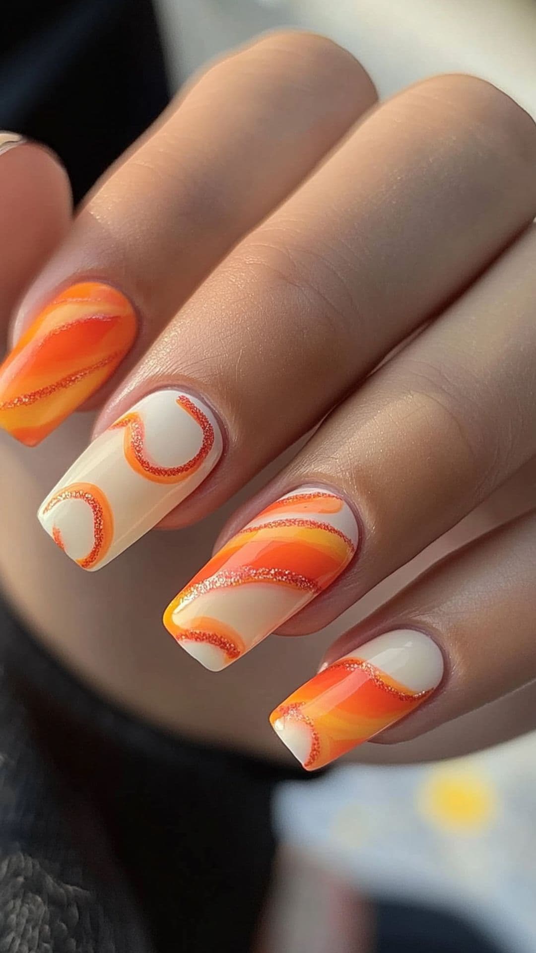 Woman's nails with Warm Orange with Abstract Swirls design.